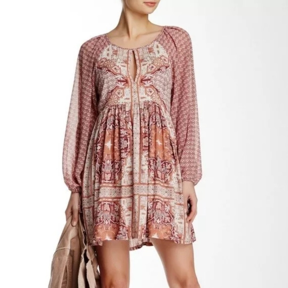 Free People oksana burgundy and tan peasant dress 30984